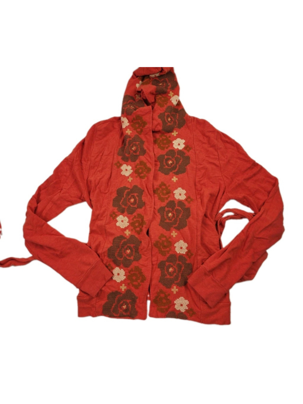 Anthropologie Saturday/Sunday Floral Cross Stitch Design Hoodie Orange Size S